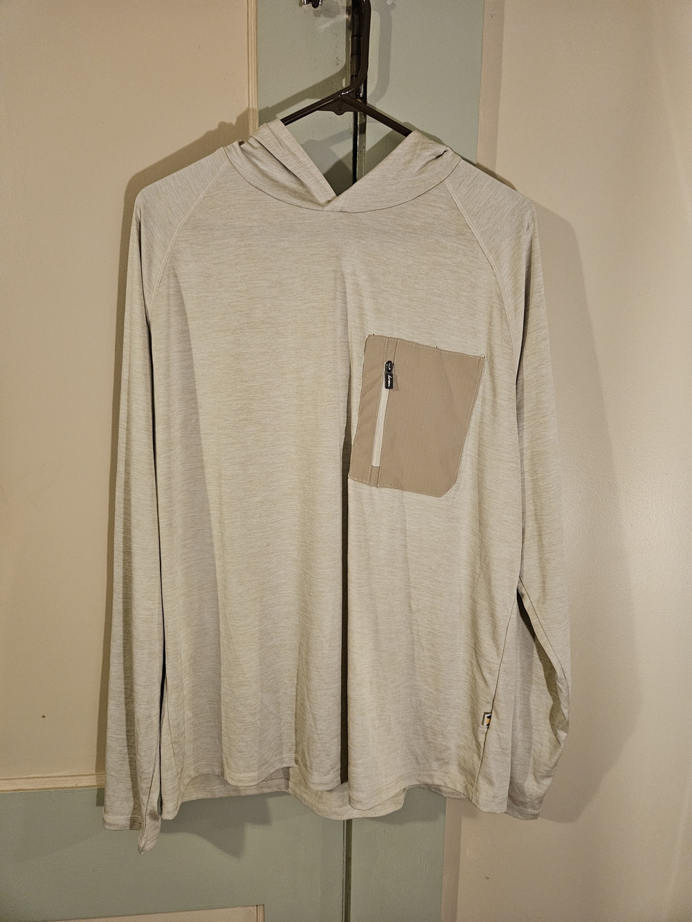 Men's Light Beige Hooded Long-Sleeve Shirt with Tan Zip Chest Pocket